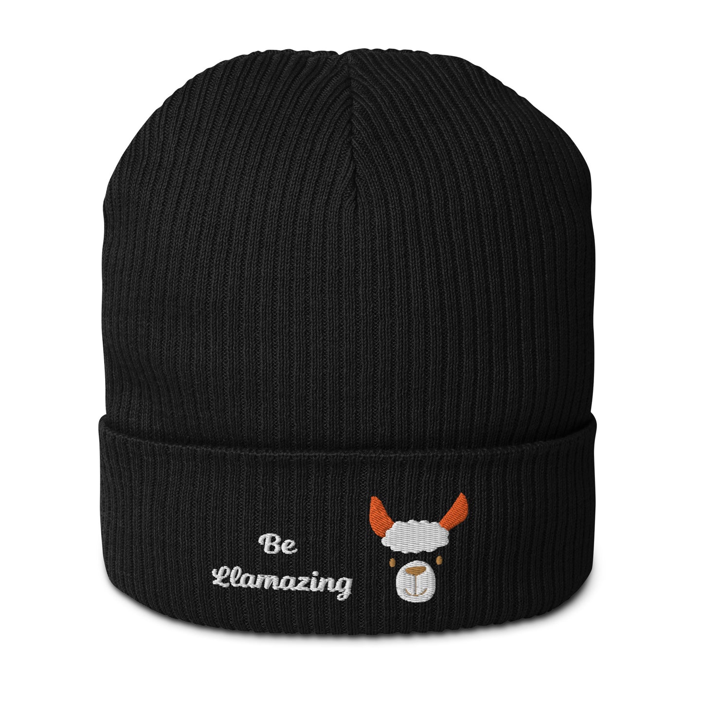 Cute llama embroidered organic ribbed beanie