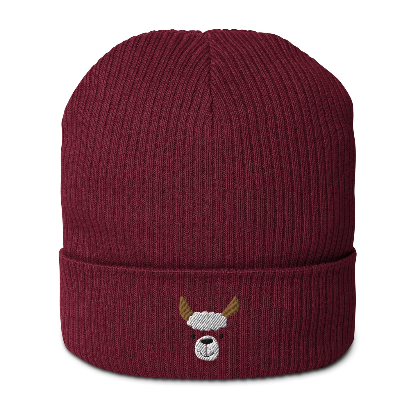 Cute llama embroidered organic ribbed beanie