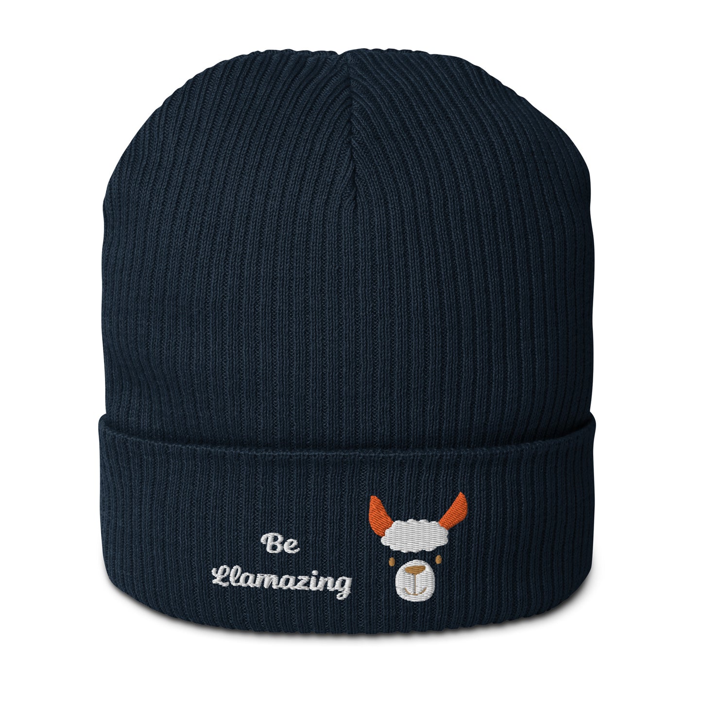 Cute llama embroidered organic ribbed beanie