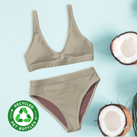 Khakifarbenes, recyceltes Bikini-Set mit hoher Taille