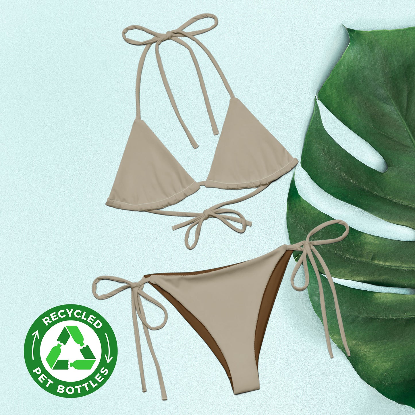 Khakifarbenes, recyceltes String-Bikini-Set, umweltfreundlicher Triangel-Bikini