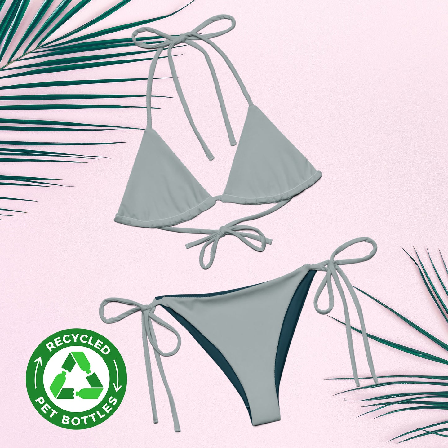 Aschgraues, recyceltes String-Bikini-Set, umweltfreundlicher Triangel-Bikini, doppellagiger, umweltfreundlicher UPF 50+-Bikini