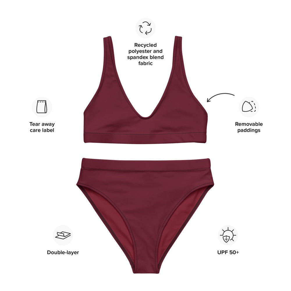 Rouge rubis bordeaux foncé Ensemble de bikini taille haute recyclé