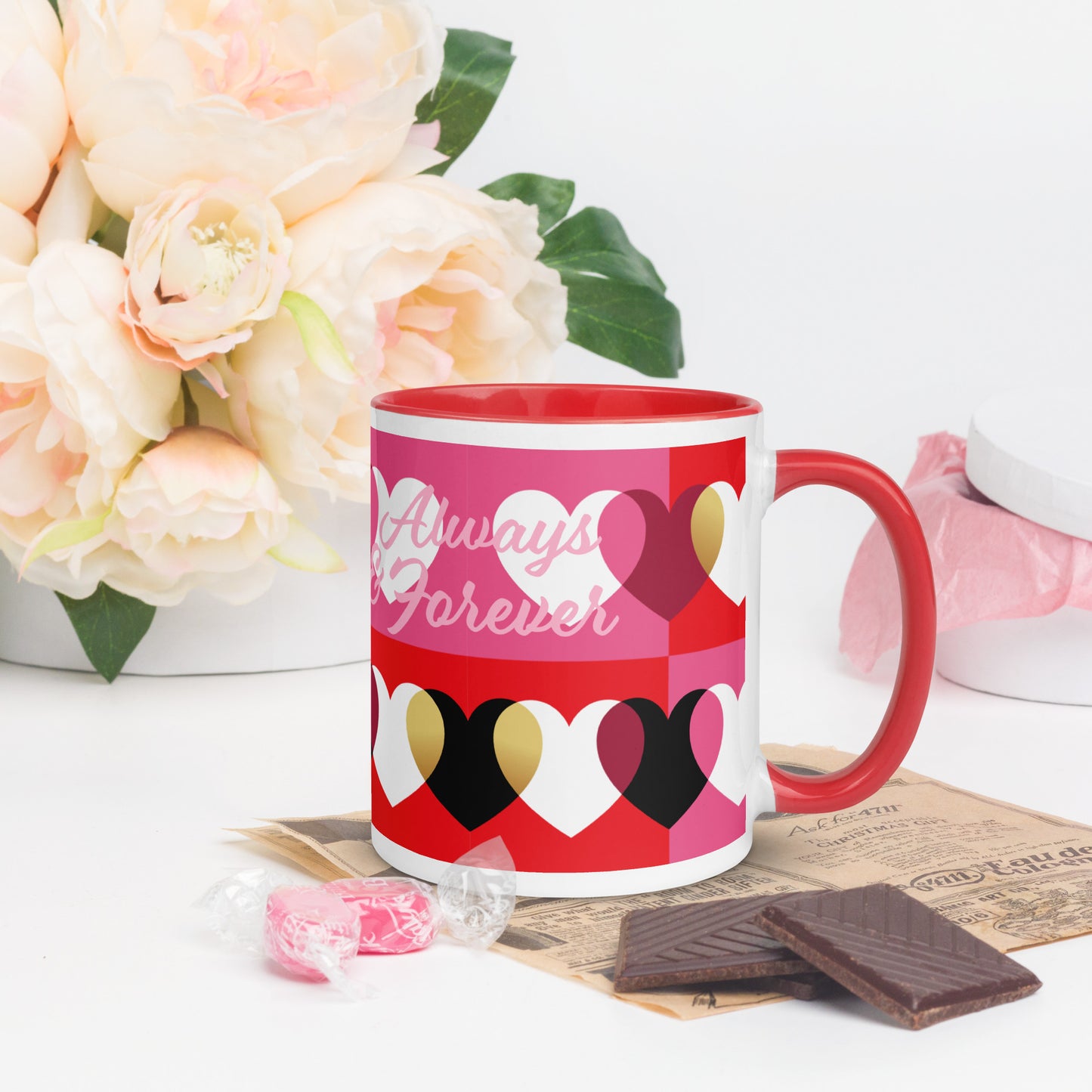 Taza Always & Forever con corazones, negro, rojo