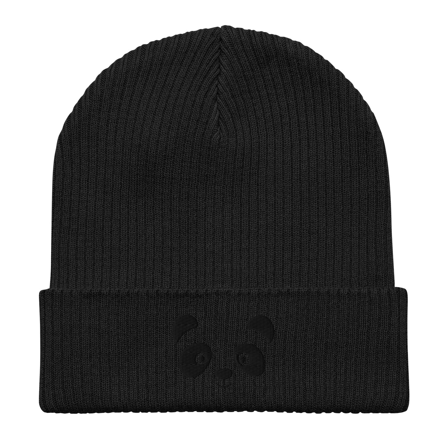 Schwarze gerippte Beanie-Mütze aus Bio-Baumwolle mit Pandagesicht-Stickerei