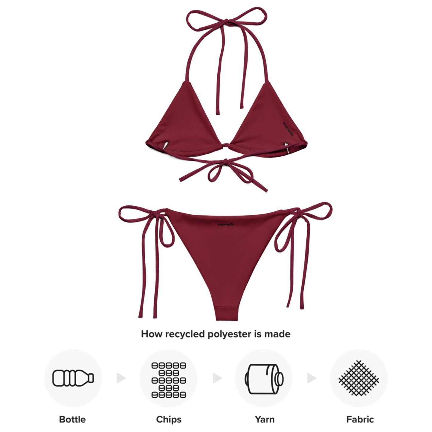 Rouge rubis bordeaux Ensemble bikini string recyclé, bikini triangle