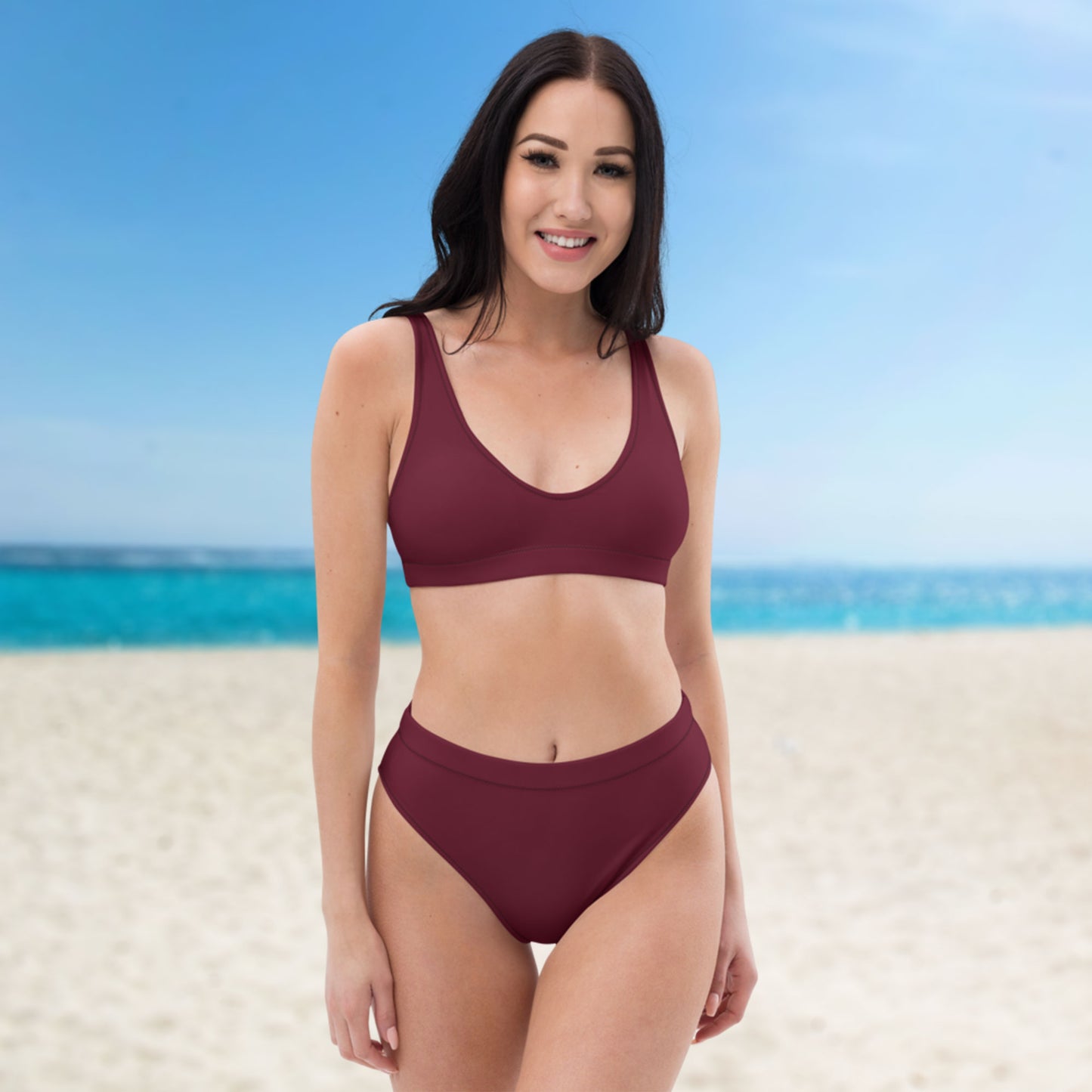 Rouge rubis bordeaux foncé Ensemble de bikini taille haute recyclé