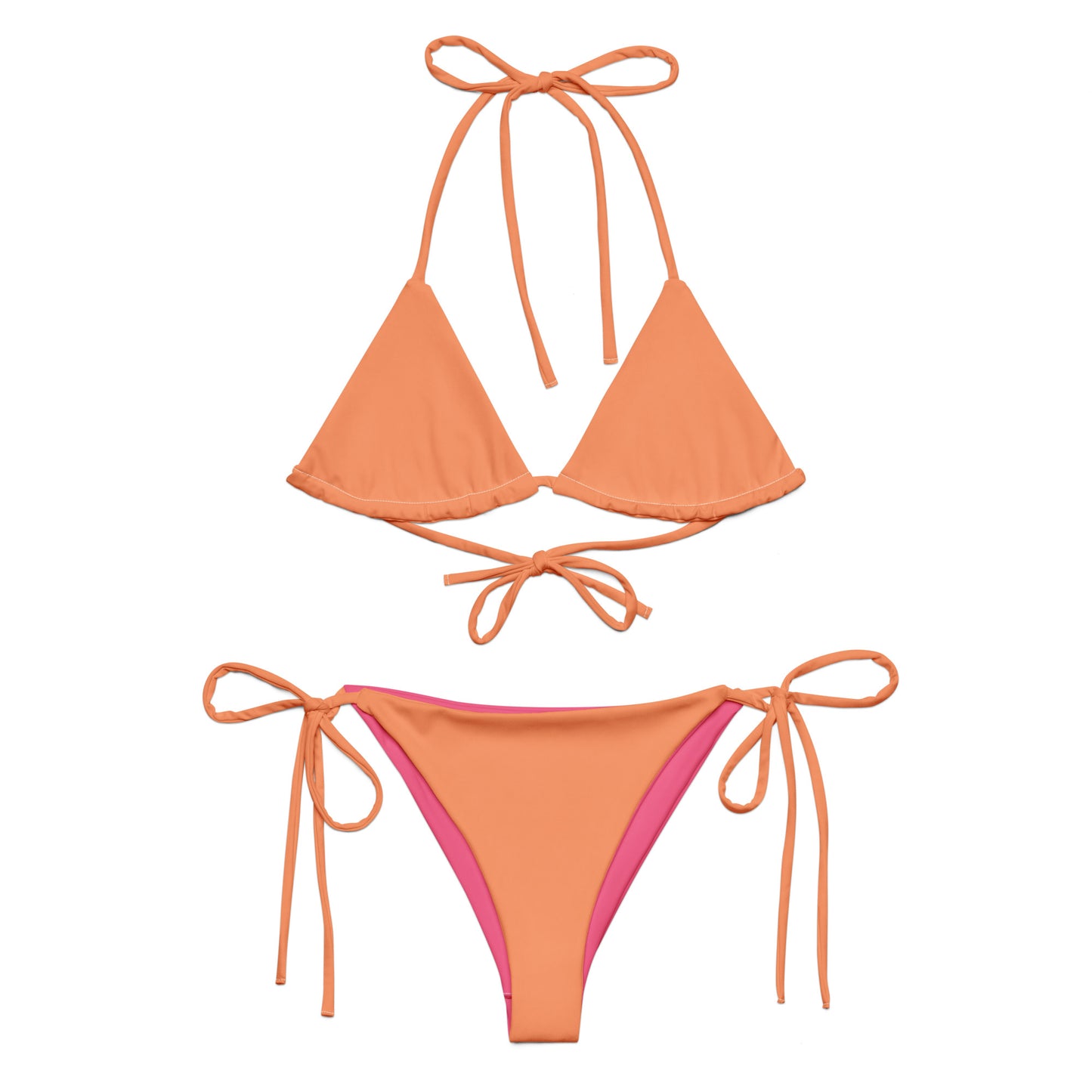 Atomic tangerine recycled string bikini set, sustainable fashion triangle bikini, sexy orange bikini belly off high-waisted