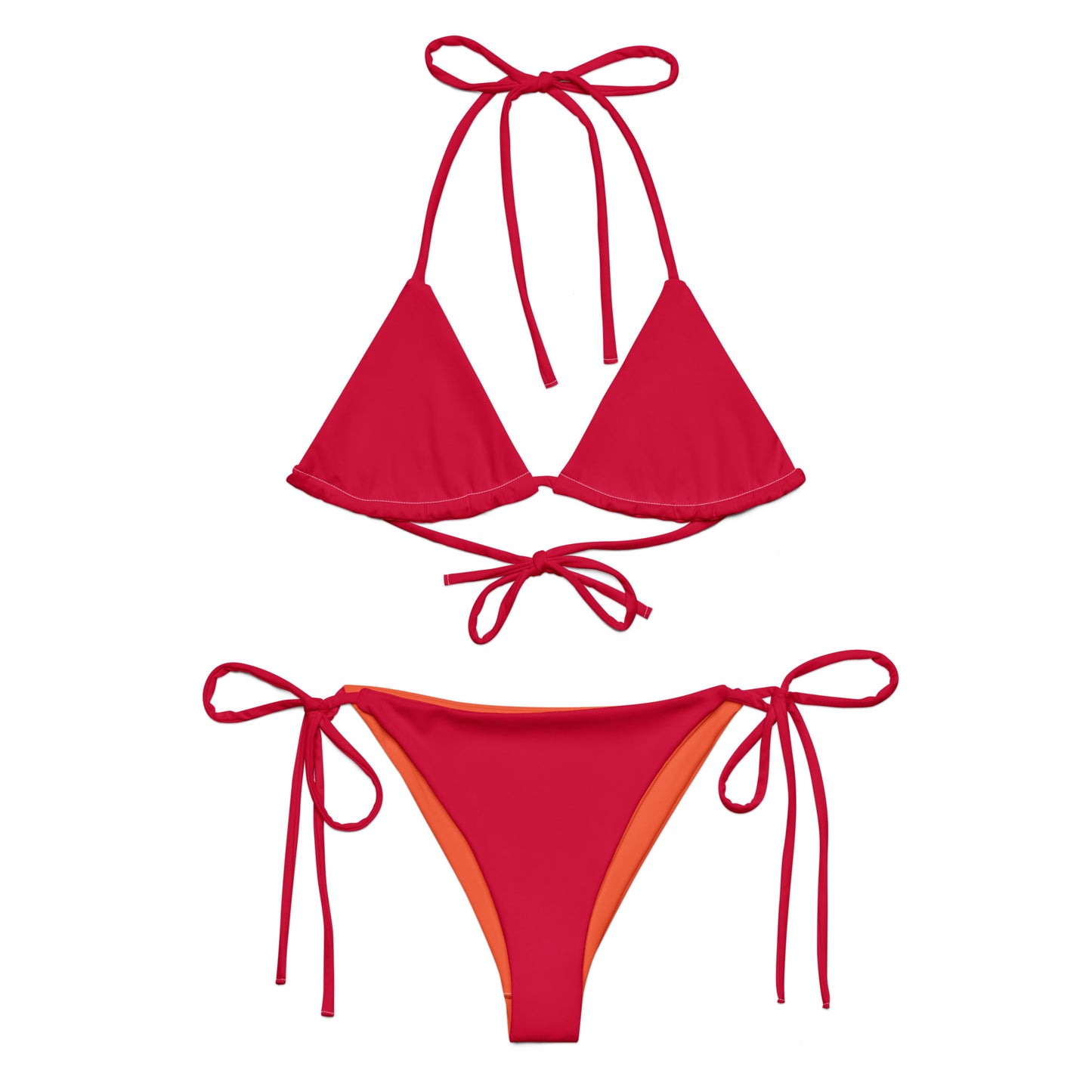 Crimson red recycled string bikini set, sustainable fashion triangle bikini, sexy red bikini belly off high-waisted