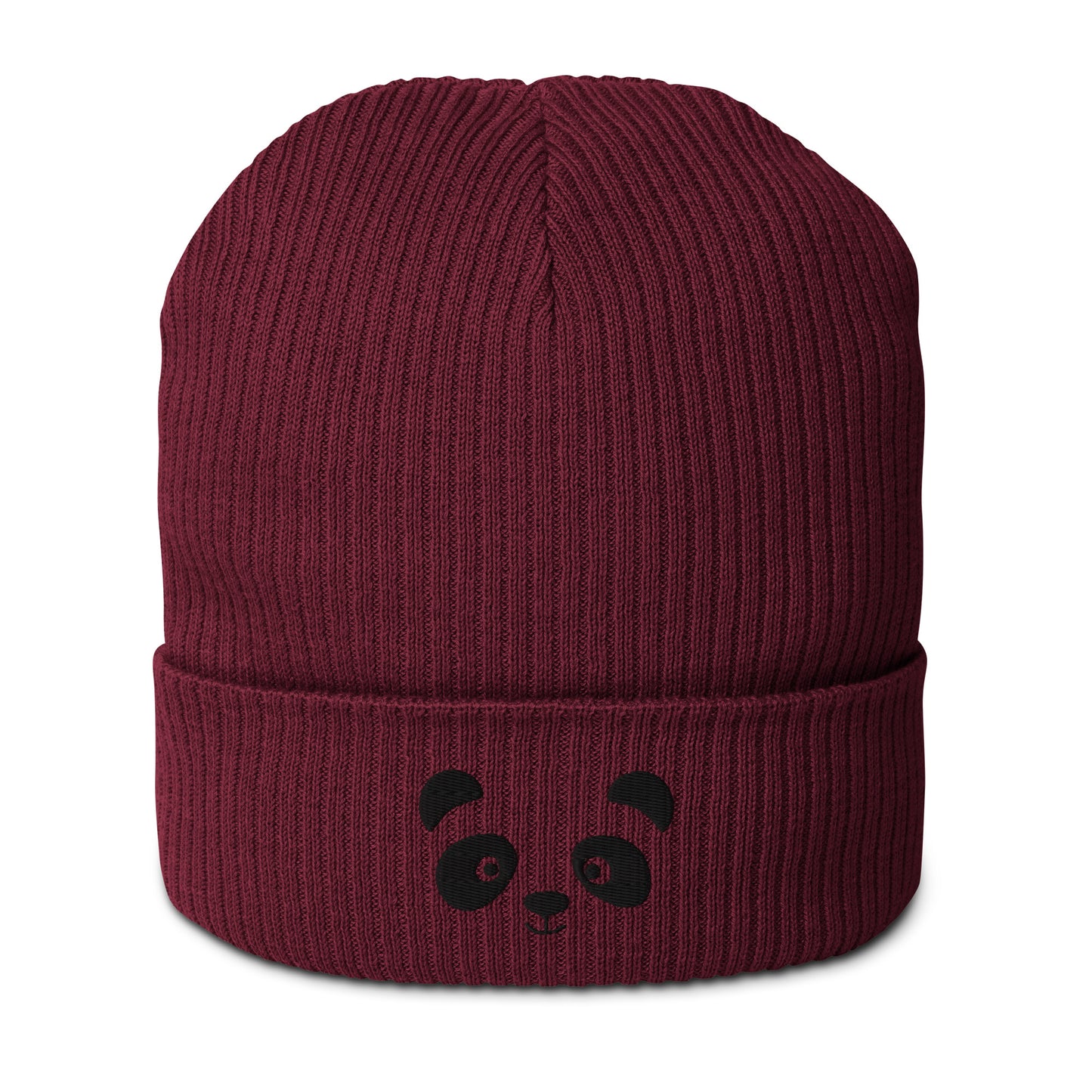 Panda face black embroidered, organic cotton ribbed beanie