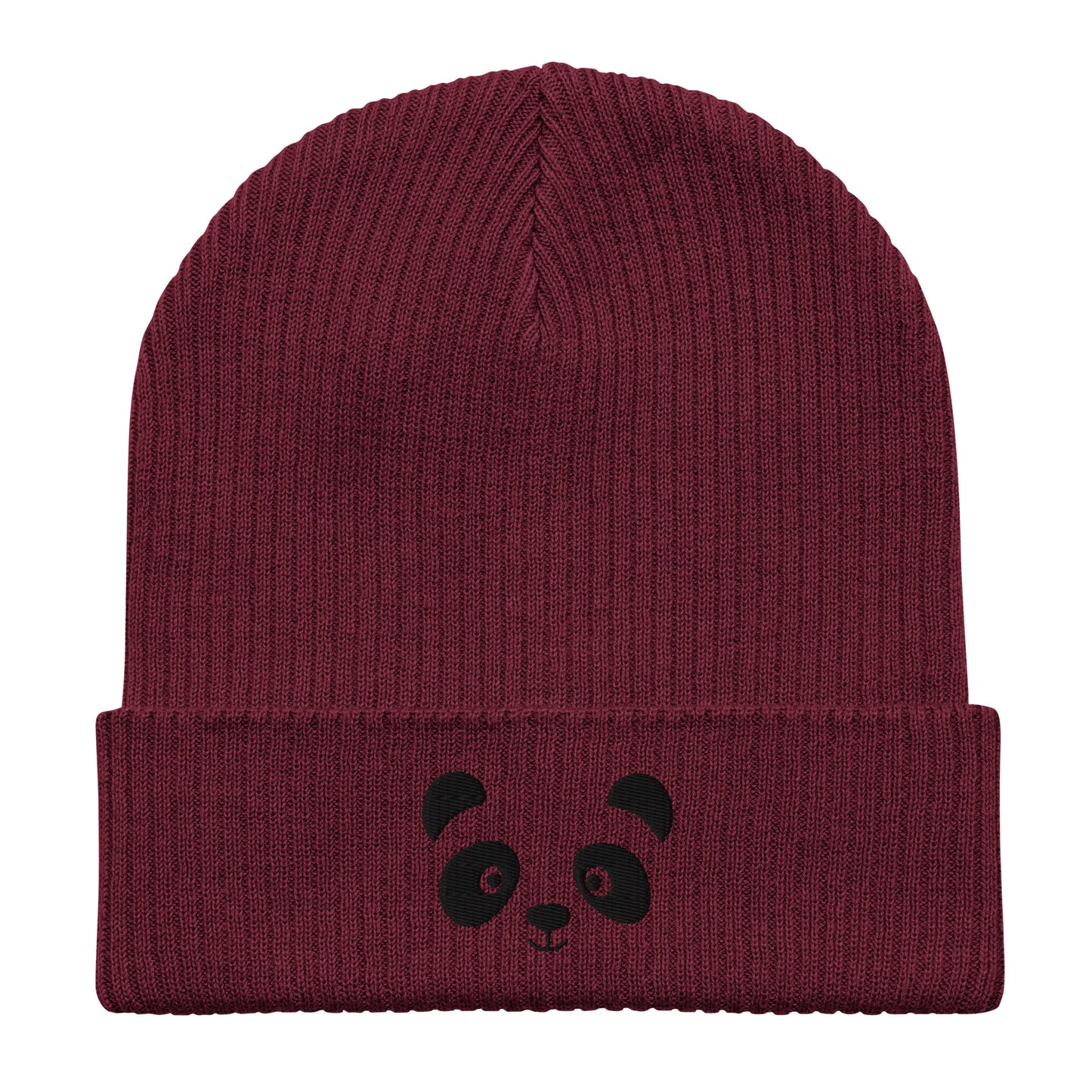 Schwarze gerippte Beanie-Mütze aus Bio-Baumwolle mit Pandagesicht-Stickerei