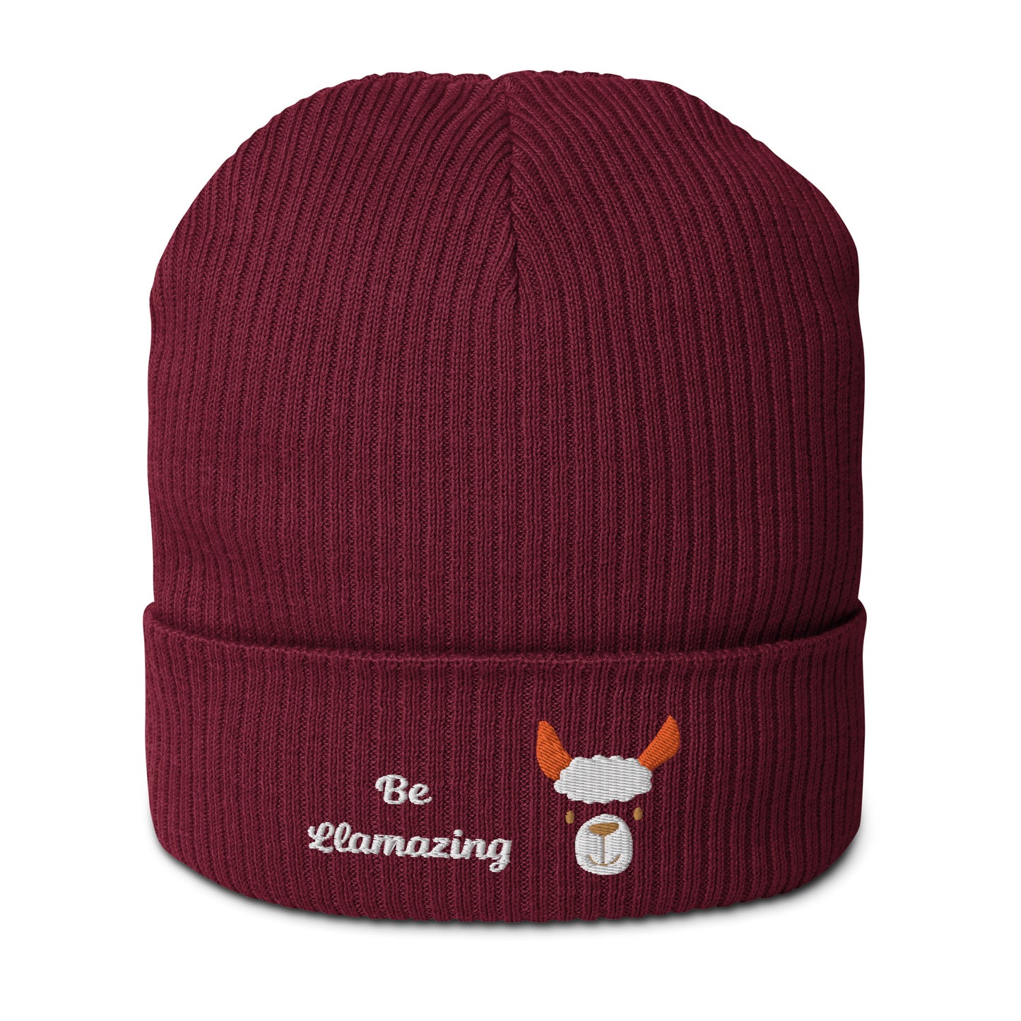 Cute llama embroidered organic ribbed beanie