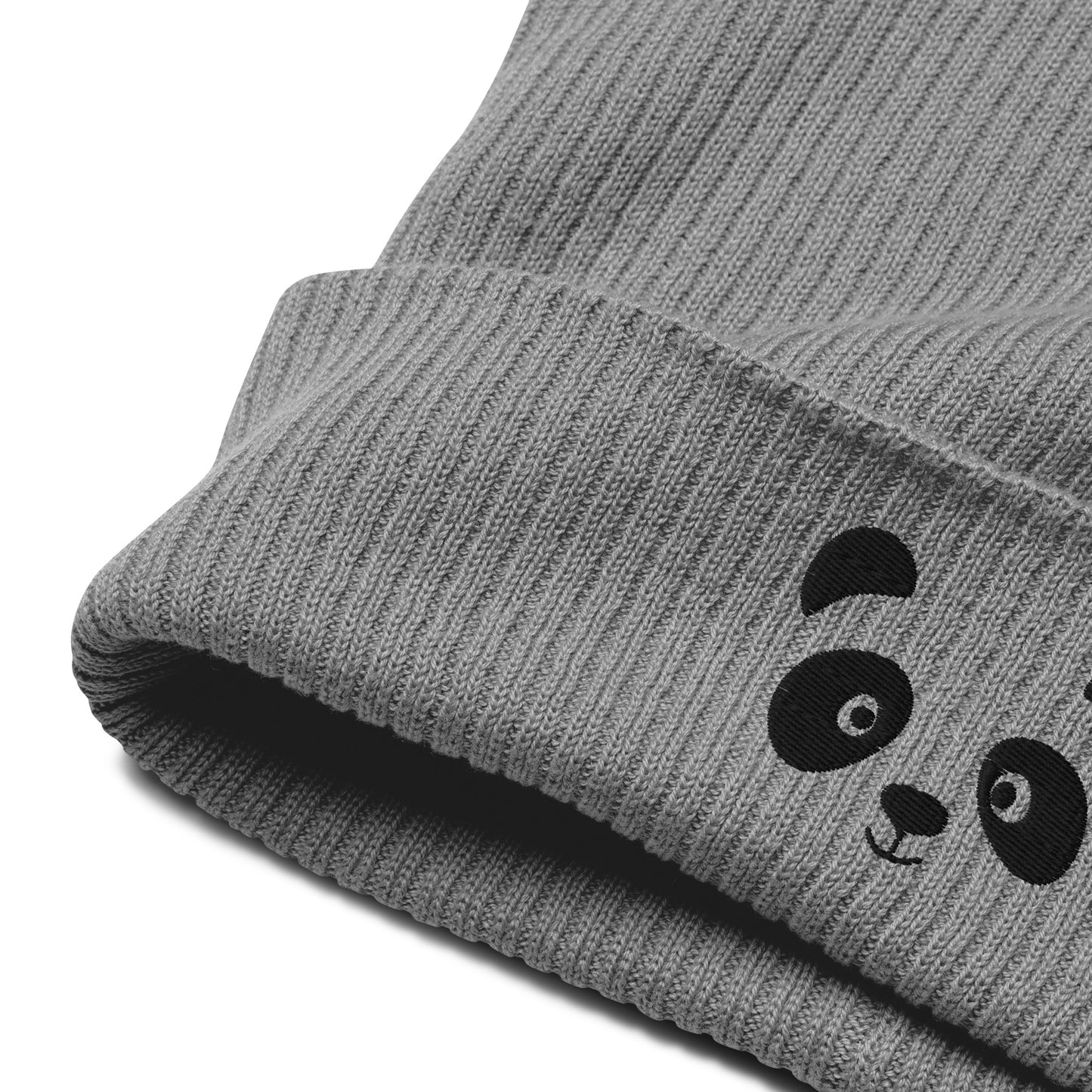 Schwarze gerippte Beanie-Mütze aus Bio-Baumwolle mit Pandagesicht-Stickerei