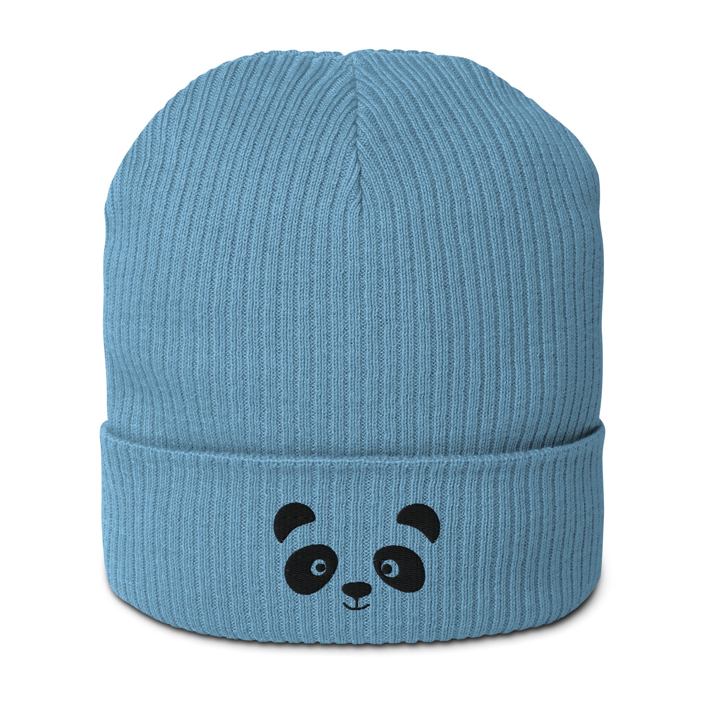 Panda face black embroidered, organic cotton ribbed beanie