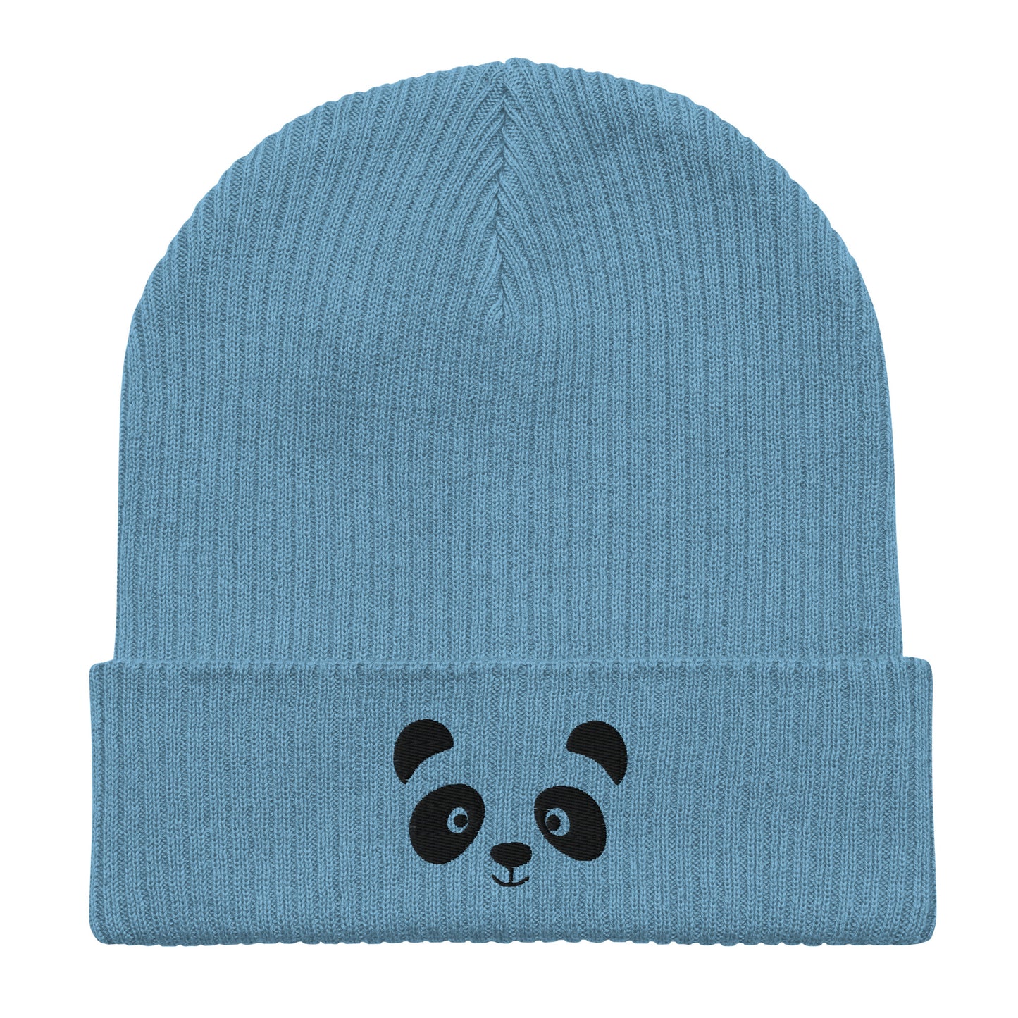 Schwarze gerippte Beanie-Mütze aus Bio-Baumwolle mit Pandagesicht-Stickerei