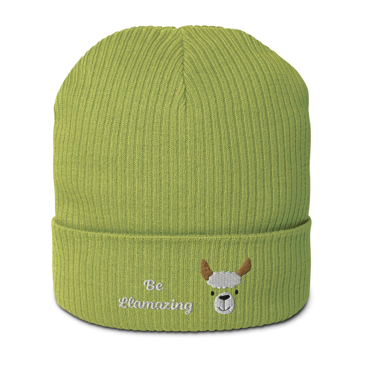 Cute llama embroidered organic ribbed beanie