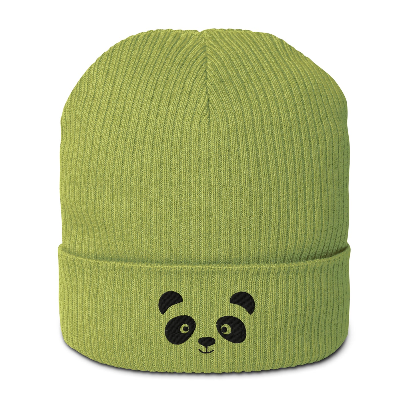 Panda face black embroidered, organic cotton ribbed beanie