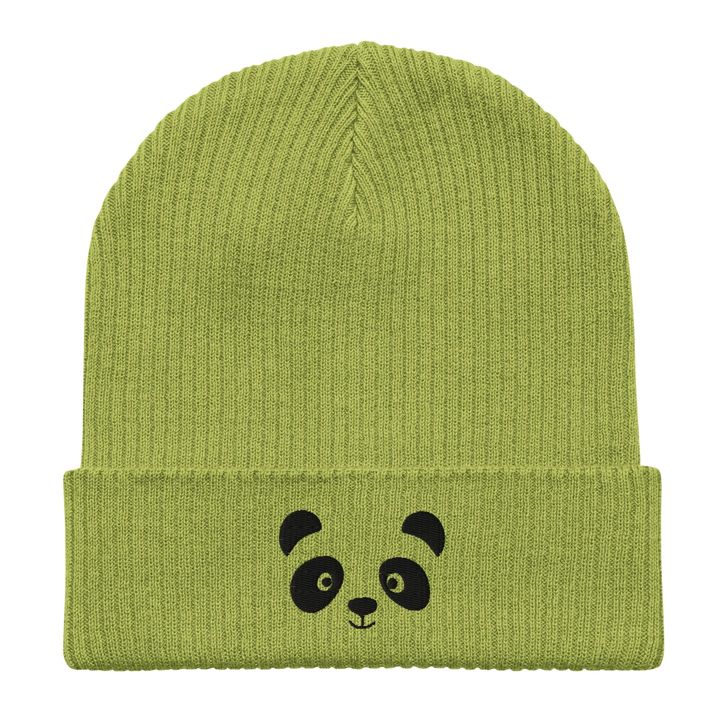 Schwarze gerippte Beanie-Mütze aus Bio-Baumwolle mit Pandagesicht-Stickerei