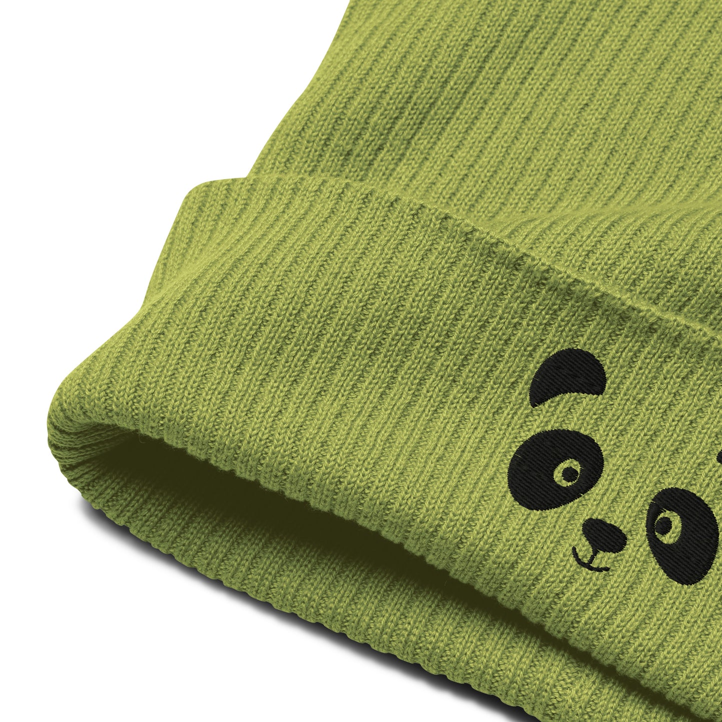 Schwarze gerippte Beanie-Mütze aus Bio-Baumwolle mit Pandagesicht-Stickerei