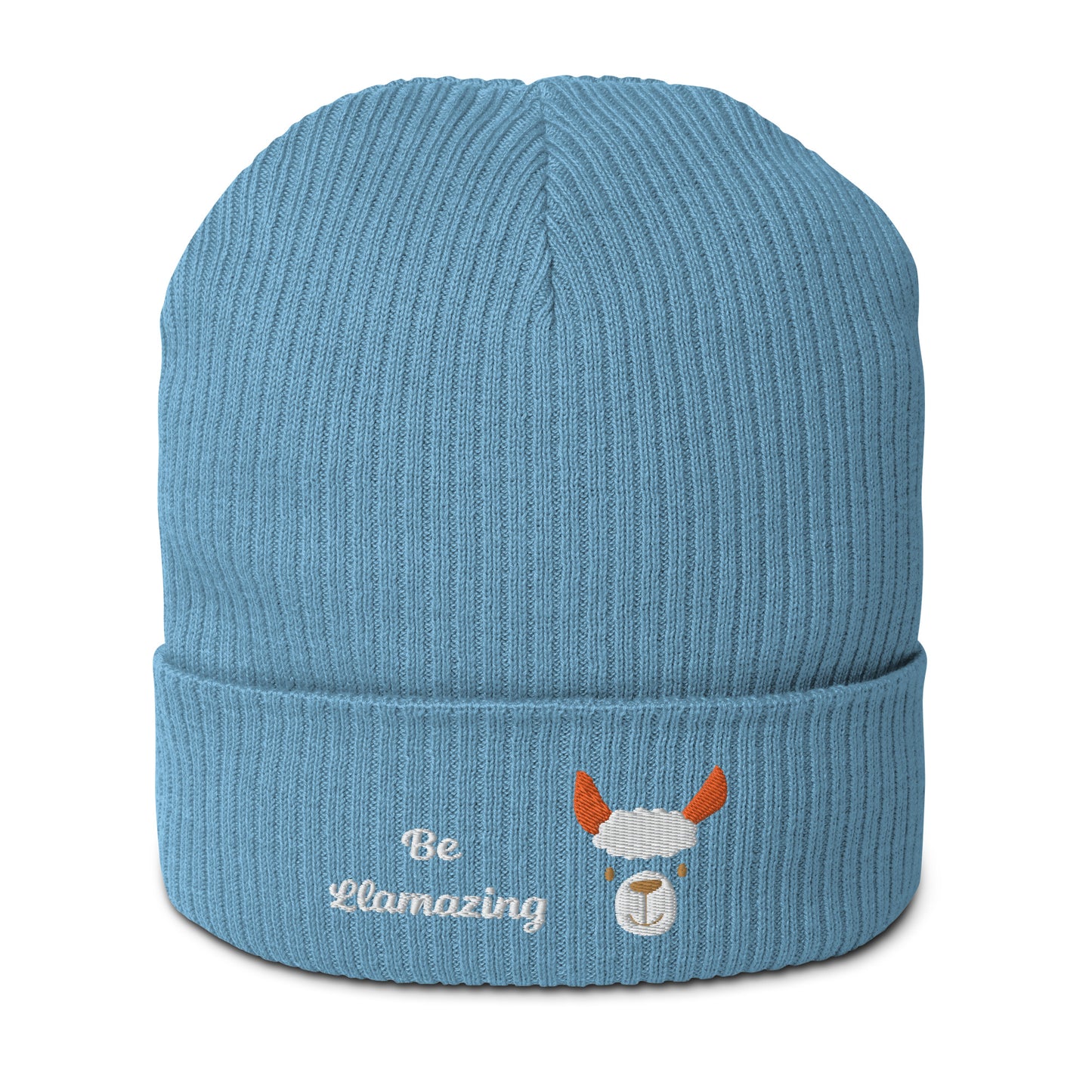 Cute llama embroidered organic ribbed beanie