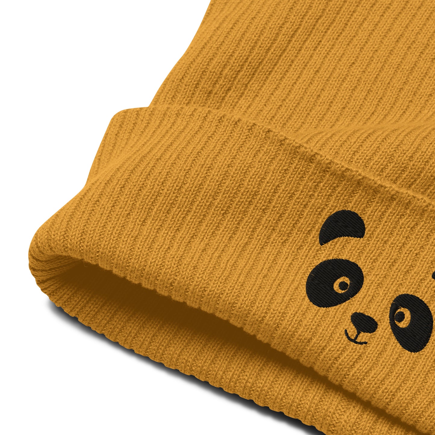 Panda face black embroidered, organic cotton ribbed beanie