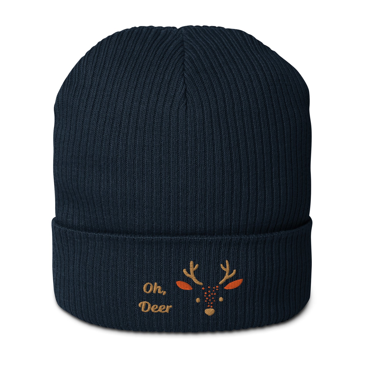 Cute deer embroidered organic ribbed beanie