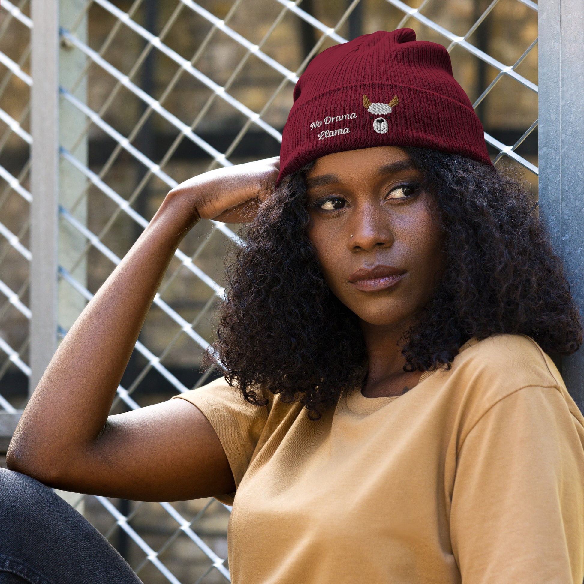 organic ribbed beanie nor drama llama embroided eco-hat