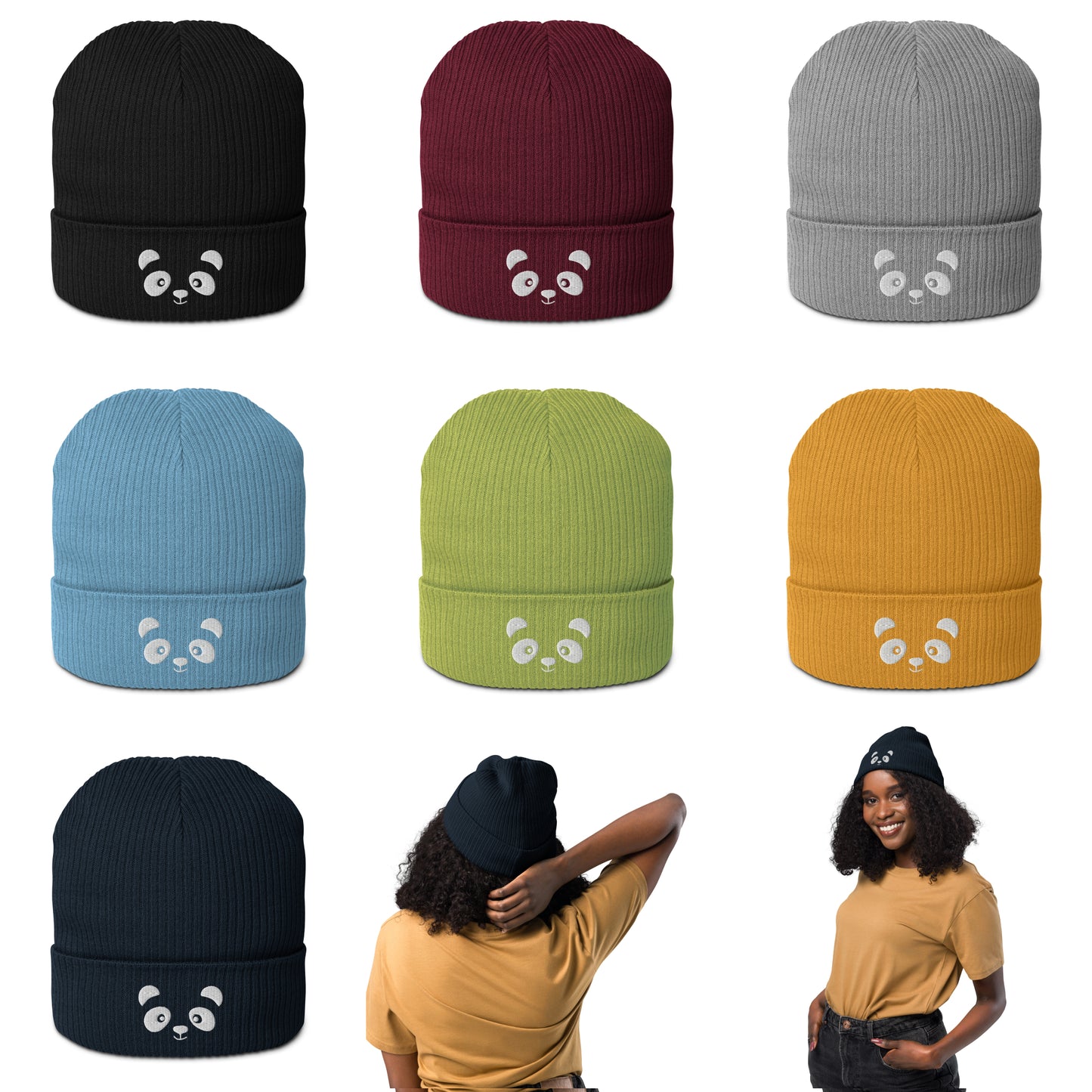 Panda face White - Organic cotton ribbed beanie