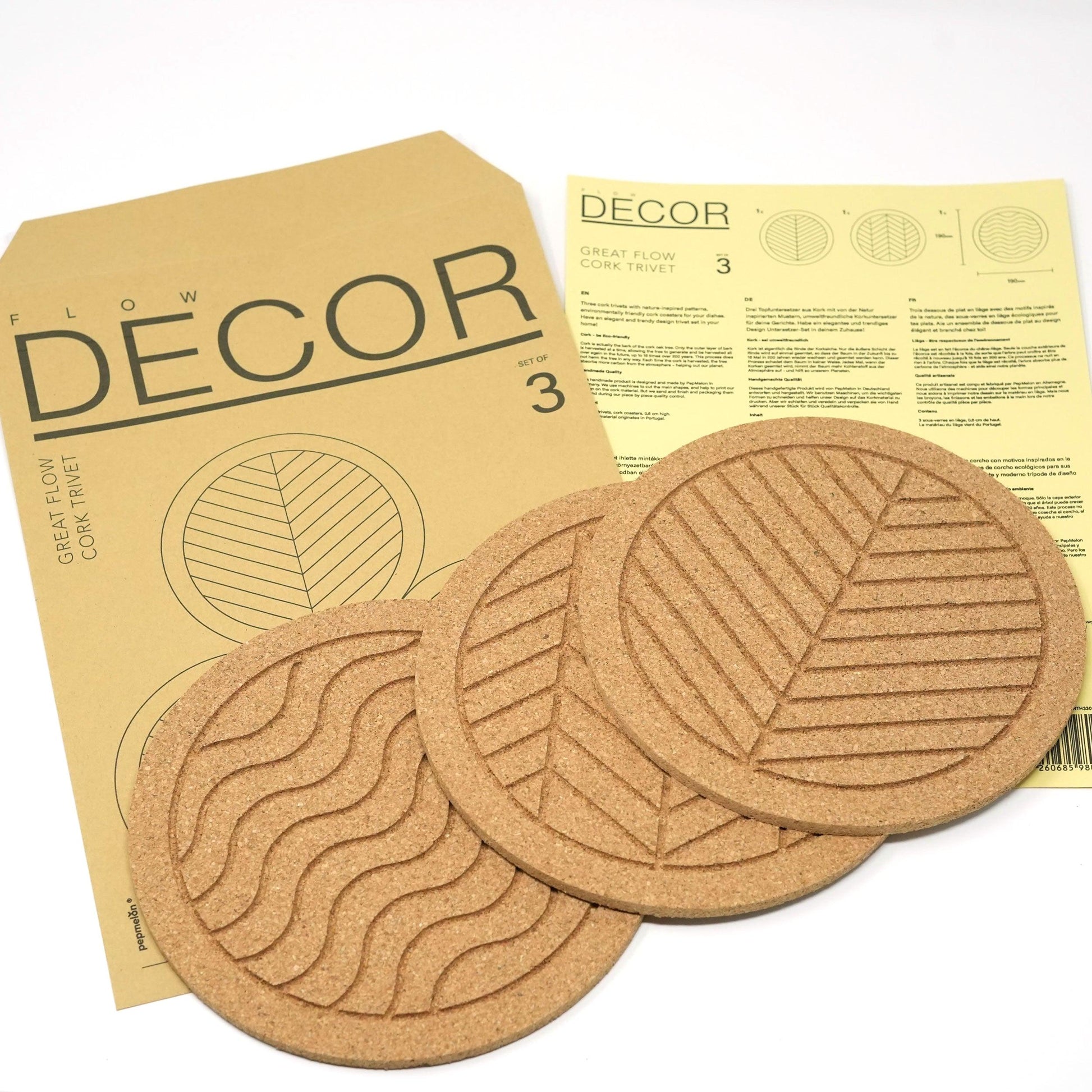 Great Flow - Cork trivet set of 3 pieces, 19 cm cork coasters, nature inspired design pot plates - PepMelon